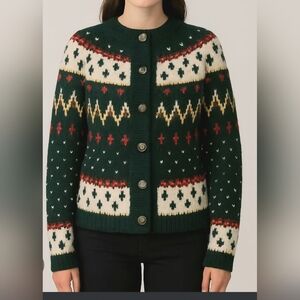 Pink Rose Festive Green Cardigan with Red and Yellow Accents